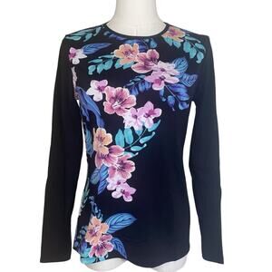 Lands End Rash Guard Swim Shirt Top Size XS 2-4 Womens Black Floral Multicolor